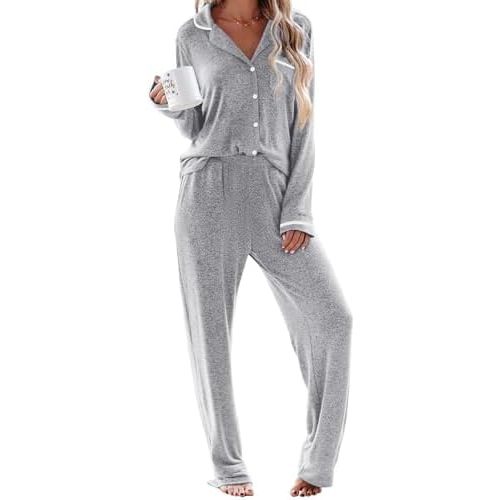 Ekouaer Womens Pajama Sets Long Sleeve Button Down 2 Piece Soft Pjs