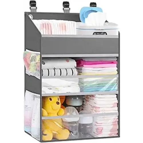 Hanging Diaper Caddy Organizer Crib Organizer–Spacious Baby Girl/Boy Nursery Storage Organizer for Changing Table, Playpen/Wall- Hold 90+ Diaper (Grey)