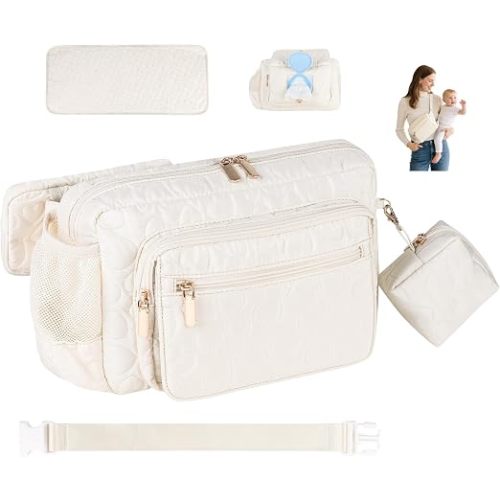 Rexmore Puffer Quilted Fanny Pack Diaper Bag for Mom - Women‘s Compact Crossbody Purse with Portable Changing Pad & Wipes Pouch, Travel & Quick Errand Baby Essentials Organizer (Off White)