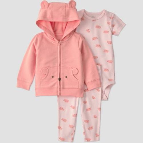 Carter's Just One You® Baby Girls' 3pc Short Sleeve Bodysuit, Pants and Bear Hoodie Set - Pink Bear 9M
