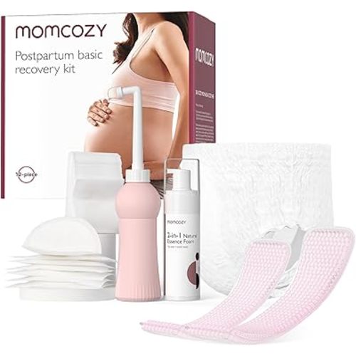 Momcozy Postpartum Recovery Essentials Kit, Labor Delivery Mom Care Kit, Self-Absorbent Disposable Underwear Nipple Nursing Pads Upside Down Peri Bottle Cold Pads Cooling Foam Canvas Bag Set