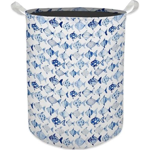 HKTZM Blue Coastal Beach Fish Laundry Basket, Toybox for Boys Girls, Ocean Blue Fish Laundry Basket Hamper Waterproof Collapsible Clothes Toys Storage Bin Organizer for Bedroom Bathroom Kids Room
