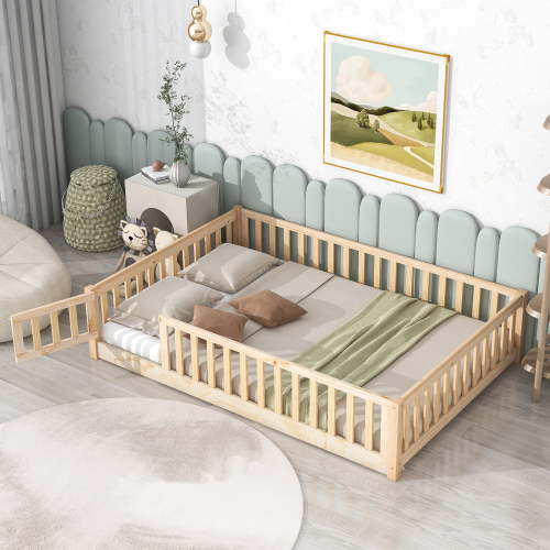 Full Montessori Floor Bed for Toddlers, UHOMEPRO Kids Floor Bed with Safety Fence and Door, Low Profile Wood Platform Bed, No Box Spring Needed, Walnut