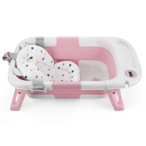 Baby Bathtub for Newborn Infant, Collapsible Baby Bathtub with Temperature Display & Soft Cushion, Infant to Toddler Bathtub, Portable Foldable Travel Bath Tub, 0-18 Months (Pink)