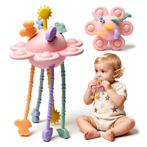 Little Rawr Silicone Baby Sensory Montessori Toys & Pull String Teething Toys for 18 M+, Toddler Birthday Gift Car Seat Airplane Travel Toy for 1 2 Year Old Boy Girl Infant 18 Months Old (Pink)