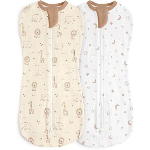 Baby Swaddle 0-2 Months, Cotton Arm-In Zipper Sleep Sack, Wearable Blankets Wrap for Newborn Infant Girls and Boys (Woodland Animal, Star Moon, Pack of 2)
