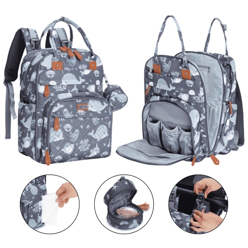 BabbleRoo Diaper Bag Backpack, Sea Animal Design, 26L Capacity, Insulated Pockets, Waterproof Fabric