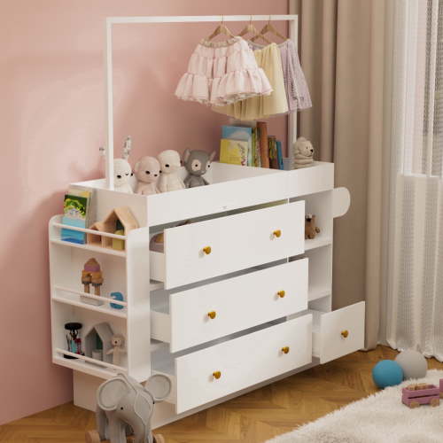Modern Changing Table Dresser - 3 Extra-Deep Drawers, Storage Shelves & Hangers with Drying Rack,White