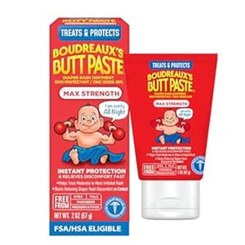 Boudreaux’s Butt Paste Max Strength Diaper Rash Cream for Baby, Ointment With Zinc Oxide, 2 oz Tube