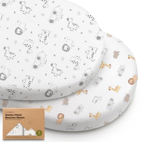 2-Pack Organic Bassinet Sheets for Girls, Boys - 100% Cotton Bassinet Mattress Sheets Compatible with Halo Bassinest Swivel Sleeper, Graco, Baby Delight, Chicco, Fitted Bassinet Sheets (KeaSafari)
