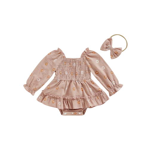 aturustex Infant Baby Girls One-piece Rompers Dress 0-18M Newborn Long Sleeve Bodysuits A-line Skirts Daisy Print Skirt Hem Jumpsuits with Headband To Fashion Cute Casual Spring Fall Clothes