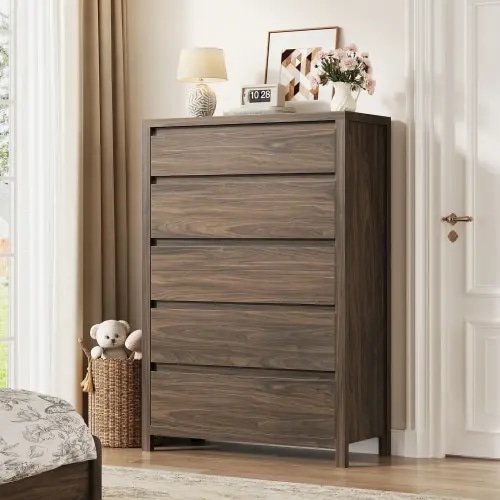 5 Drawer Dresser for Bedroom, 48" Tall Wooden Closet Dresser with Smooth Drawer, Large Tall Dressers & Chests of Drawers for Bedroom Living Room, Walnut Dresser