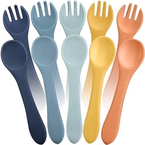 10 Pieces Baby Led Weaning Spoons and Forks Set Infant Silicone Spoon First Self Feed Baby training Utensils for Toddler First Stage Feeding Supplies for Kids Over 6 Months, 5 Pairs (Bright Colors)