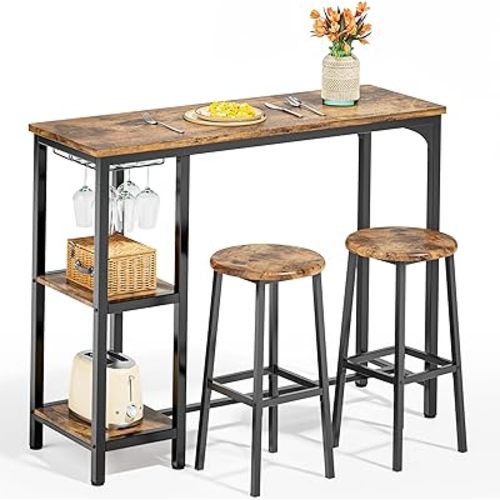 3-Piece Bar Table Set for 2, Table with Stools & 2 Storage Shelves, Small Bar Table Set with Glass Rack, Small Kitchen Table for Dining Room, Living Room, Rustic Brown
