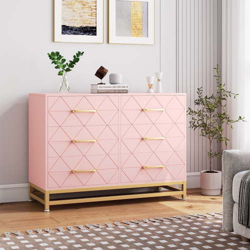 IDEALHOUSE Pink Dresser for Bedroom, 6 Drawer Storage Chest, Modern Wood Dresser with Gold Handles, 39.4”W x 15.7”D x 28.7”H