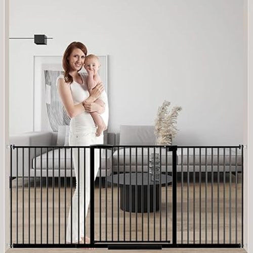 DEARBB Extra Wide Baby Gate Ultra Narrow Spacing 30.11-77.36" Pressure Mounted Double Lock Swing Auto Close Walk Through Metal Safety Pet Gate for Stairs and House Doorway Kitchen