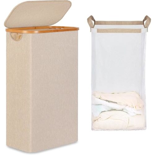 iEGrow 65L Slim Laundry Hamper, Narrow Laundry Basket with Lid,Foldable Clothes Hamper with Bamboo Handles,Hamper Basket with Removable Inner Bag for Laundry Room Bedroom College Dorm,Oatmeal