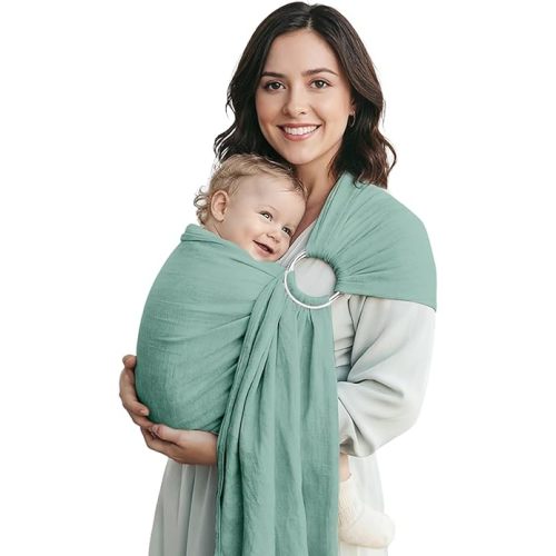 Baby Ring Sling Wrap, Lightweight Baby Carrier Sling Toddler Sling, Cotton Baby Wraps Carrier (7-35 lbs) for Infants and Toddlers, Baby Shower Gifts, Green