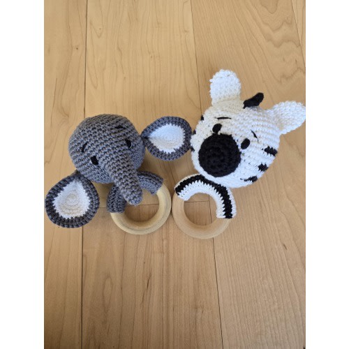 Handmade Crochet Animal Teething Toy – Organic Cotton with Wooden Ring and Wool Filling