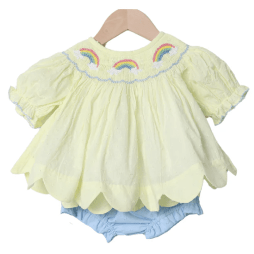 Smocked Yellow Swiss Dot Rainbow Bloomer Set