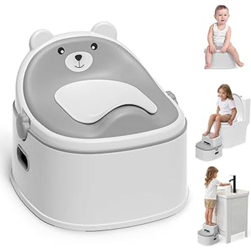 3-in-1 Potty Training Toilet, Portable Potty, Potty Training Seat and Toddler Step Stool, Easy Setup and Clean, Anti-Slip Toddler Potty Trainer for Boy Girl,Grey