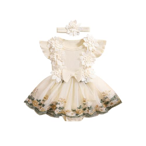 Douhoow Baby Girl Dress Romper Baby Romper Dress Flowers Embroidery Tulle Skirt Infant Girl Summer Clothes with Headband