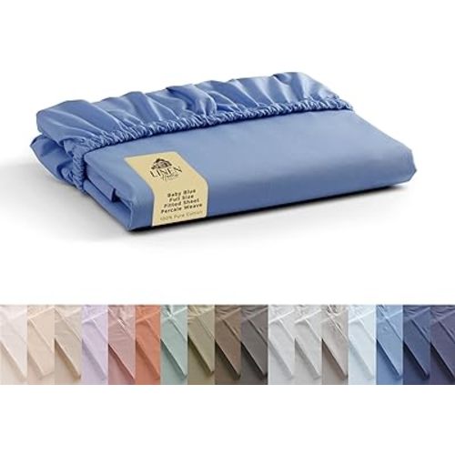 Linen Home 100% Cotton Percale Weave Fitted Sheet, Full Size, Baby Blue, 1 Deep Pocket Fitted Sheet, Fits Mattress Upto 16", Crisp and Cool Strong Bed Linen, 54"X75"+15"