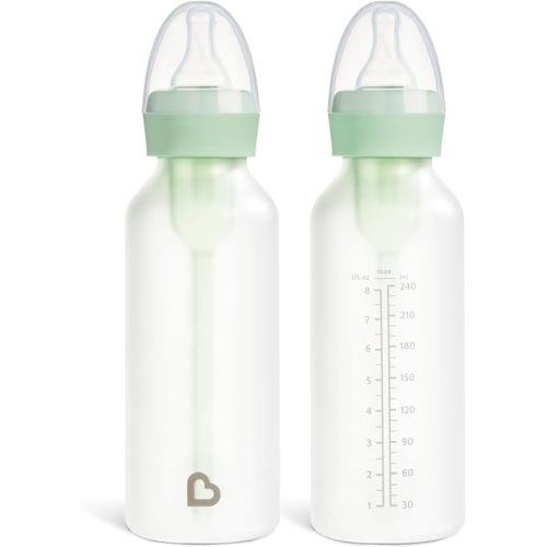 Munchkin Bond Silicone Coated Glass Baby Bottles - Anti-Colic Feeding System with Natural Feel Nipples, 8 Ounce, 2 Pack, Green