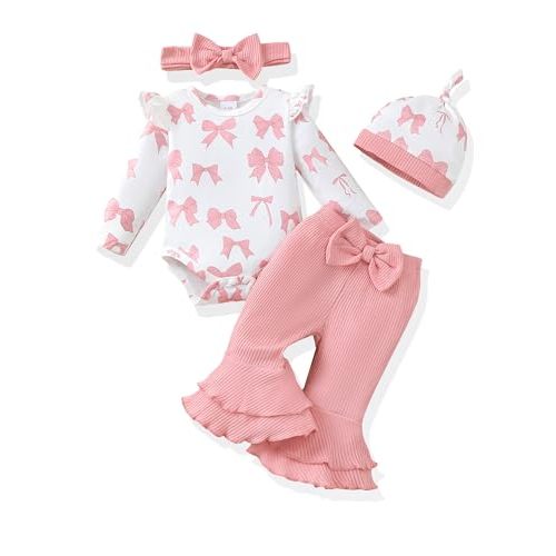 Renotemy Newborn Baby Girl Clothes Fall Winter Outfits Preemie-12Months | Preemie Baby Clothes Girl,Newborn Coming Home Outfit Essentials Gifts,Snap Button Design Infant Romper,Bell Bottoms Pant Sets
