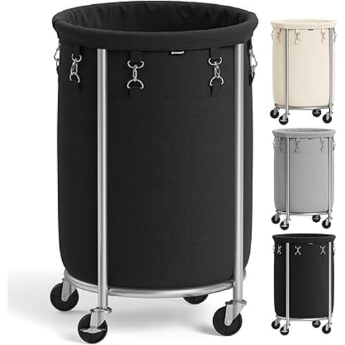 SONGMICS 18.5-Gallon (70 L) Laundry Basket with Wheels, Rolling Round Heavy-Duty Laundry Hamper Cart with Steel Frame and Removable Bag, 2 Locking Wheels, Ink Black and Metallic Silver URLS006B01