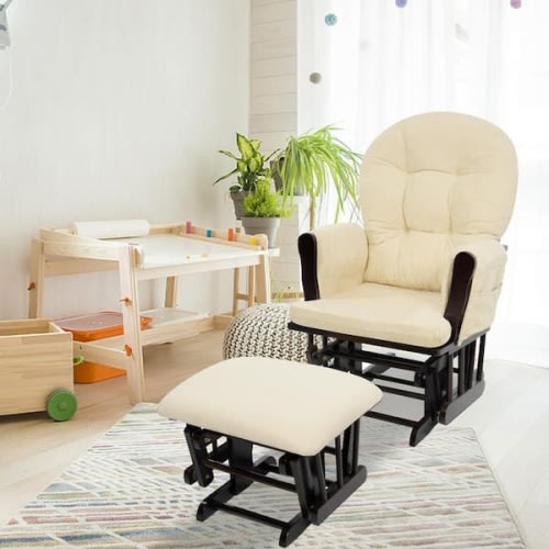 Espresso/Cream Modern Glider Nursery Rocking Chair with Ottoman, Ideal for Breastfeeding and Reading