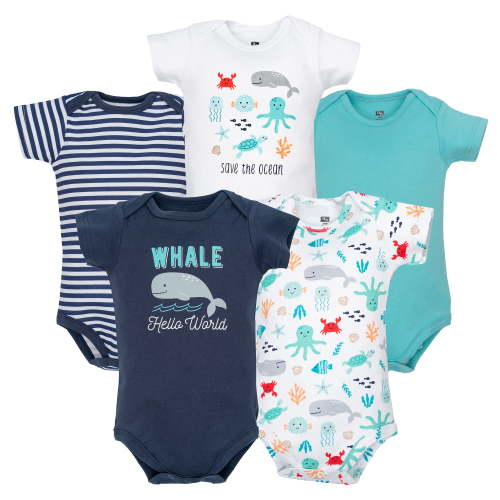Hudson Baby Infant Boys Cotton Bodysuits 5-Pack, Sea Characters, 6-9 Months