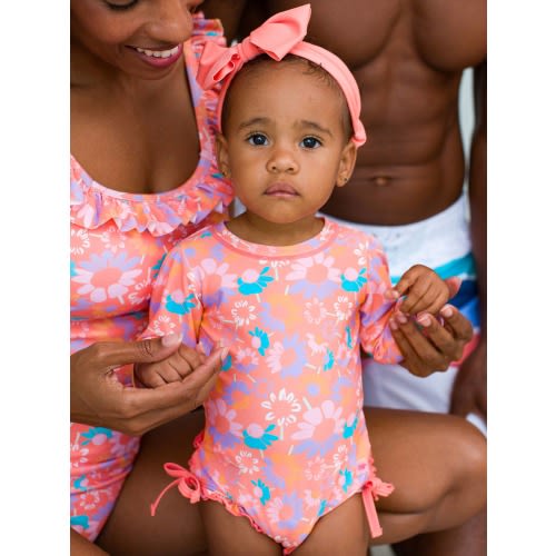 RuffleButts + RuggedButts - Baby Girls Coral Floral Long Sleeve One Piece Rash Guard Swimsuit with Signature Rear Ruffles: Orange