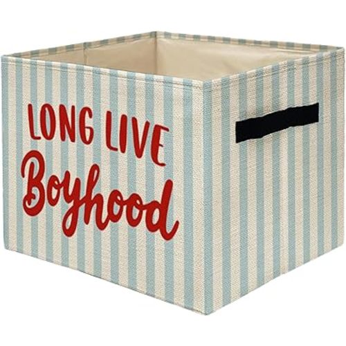 Coastal Beach Long Live Boyhood Nursery Storage Bins,Toybox Gifts for Boys Room,Blue Striped Collapsible Storage Baskets Organizer Decor for Bedroom Bathroom Kids Room Dorm Clothes Books