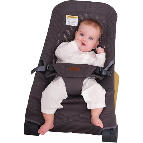 Baby Bouncer,Portable Baby Bouncer Seat & Foldable with 3 Height Adjustments, Ergonomic Bouncer for Babies 0-6 Months, Wood Grain Style, Natural Vibrations, Includes Storage Bag (Mesh Grey)