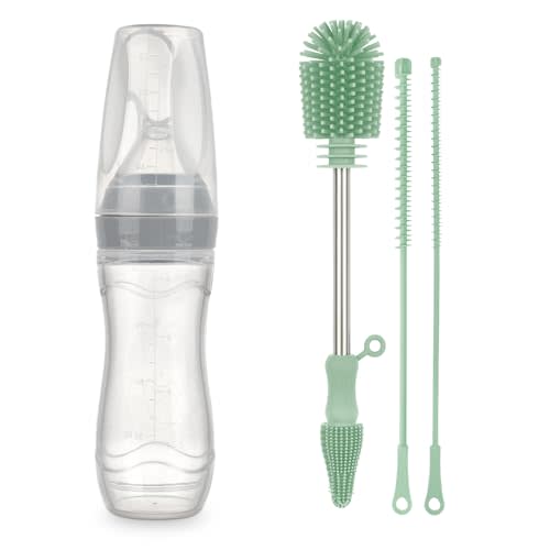 Haakaa Silicone Baby Food Dispensing Spoon Feeder Cleaning Brush Set Infant Squeeze Cereal Feeder, Baby Fresh Food Feeder, Feed Bottle for Puree Baby Bottle Brush Cleaner for Breast Pump