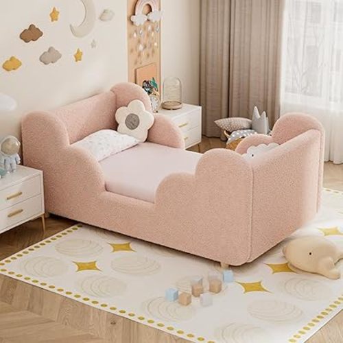 DoCred Toddler Bed, Upholstered Toddler Bed for Girls&Boys,Toddlers Floor Beds,Soft Kid Bed for Aged 3-7 Years Old, Crib Size