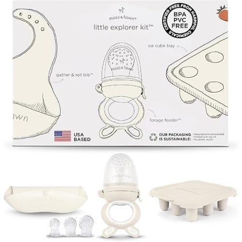 Moss and Fawn Little Explorer Kit - Silicone Frozen Breast Milk Popsicle Kit with Forage Feeder, Teething Popsicle Ice Cube Tray, & Gather & Roll Baby Feeding Bib