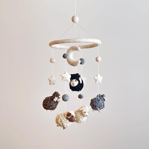 Handmade Felt Gray Sheep Nursery Mobile, Counting Sheep Crib Mobile, Boys & Girls Boho Decor, Natural Wool Hanging Mobile, Unique Baby Shower Gift, Fair Trade & Handcrafted in Nepal (Gray Sheep)
