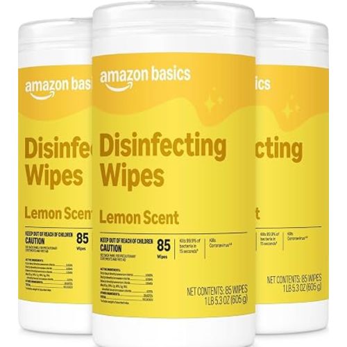 Amazon Basics Disinfecting Wipes, Lemon Scent, for Sanitizing, Cleaning & Deodorizing, 255 Count (3 Packs of 85), Packaging May Vary