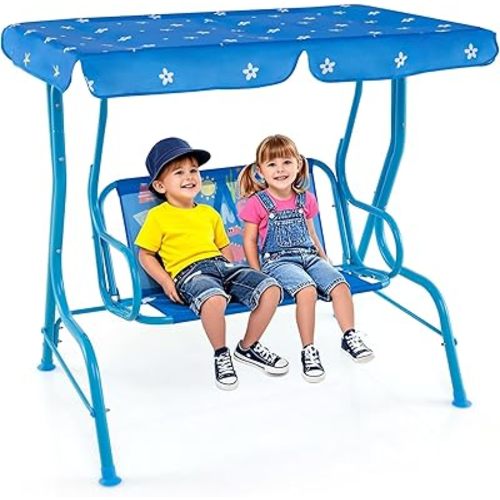 HONEY JOY Kids Patio Swing, 2-Seater Outdoor Porch Swing Lounge Chair, Adjustable Canopy & Safety Belt, All Weather Resistant Waterproof Hanging Swing Bench for Garden Poolside Balcony(Blue Dinosaur)