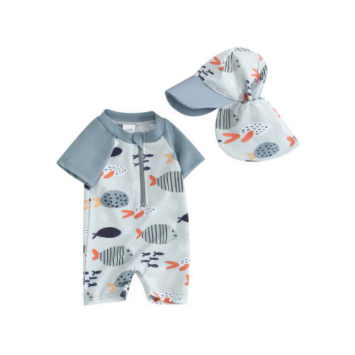Loicainy Toddler Baby Kids Boys Rash Guard Swimwear 3 6 12 24 Months 2T 3T 4T 5T Cartoon Fish Print Short Sleeve Swimsuits Front Zipper Bathing Suits with Swimming Hat