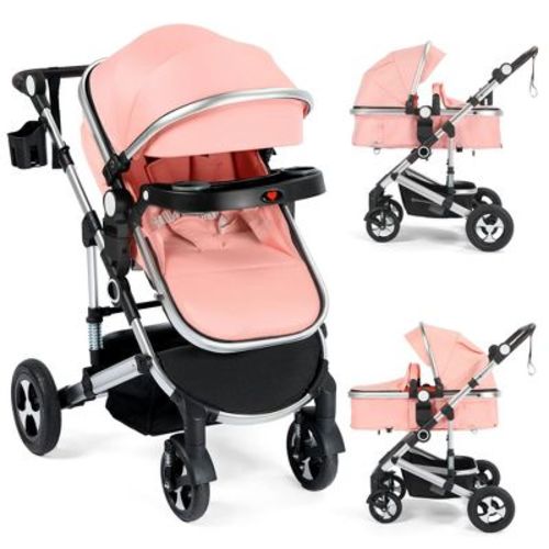 Kinder King Meno V 3 in 1 Reversible Baby Stroller w/Detachable Tray, Adjustable Canopy, Suspension Wheels, Pink