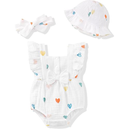 Renotemy Baby Girl Clothes Infant Summer Romper Cotton Linen Newborn Essentials Photography Preemie Outfits with Hat&Headband