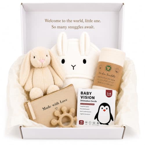 New Baby Gift Basket – Gender Neutral Newborn Welcome Gift Set | Cotton Swaddle, Plush Bunny Toy, Hooded Towel, High-Contrast Vision Cards, Silicone Teether & Note