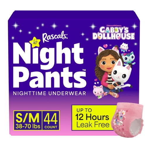 Rascals Absorbent Girls Nighttime Bedwetting Underwear, Gabby's Dollhouse, S/M (38-70 lbs), 44 count