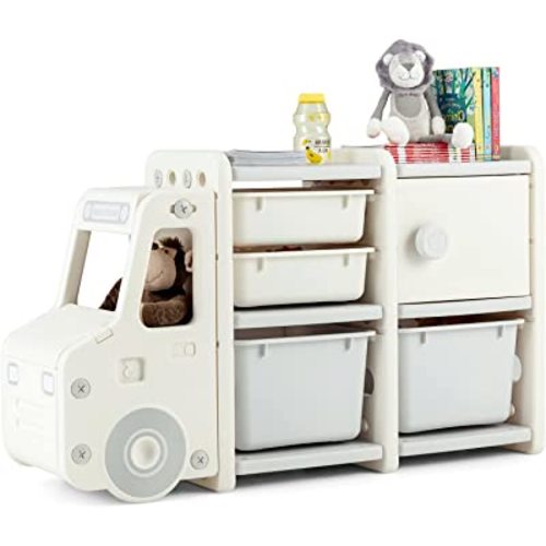 Costzon Storage Organizer, Toy Shelf with with 2 Removable Toy Bins, 2 Pull-Out Drawers, Enclosed Cabinet, Kids Bookshelf, Toy Organizers and Storage for Kids Room, Playroom, Nursery (Beige)