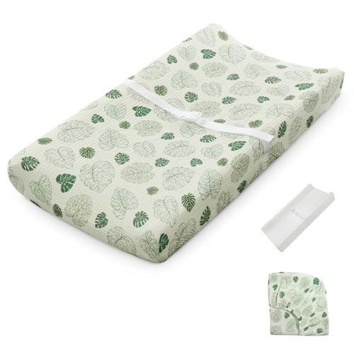 Blissful Diary Muslin Baby Changing Pad with Waterproof Lining Foam, Diaper Changing Table Pad with Cover for Dressers (Monstera, Rectangular)