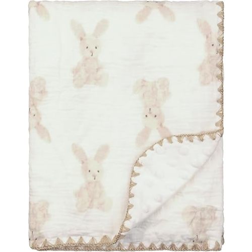 Baby Blanket 40x40 Inches,Muslin Cotton and Minky Dotted Double Layer Soft Receiving Blanket for Newborn Toddler,Bunny