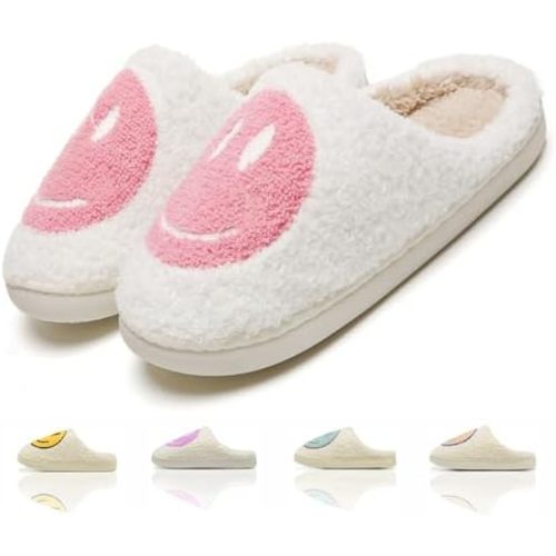 Cute House Slippers for Women Men with Memory Foam Retro Happy Face Cozy Indoor Outdoor Fuzzy Plush Shoes